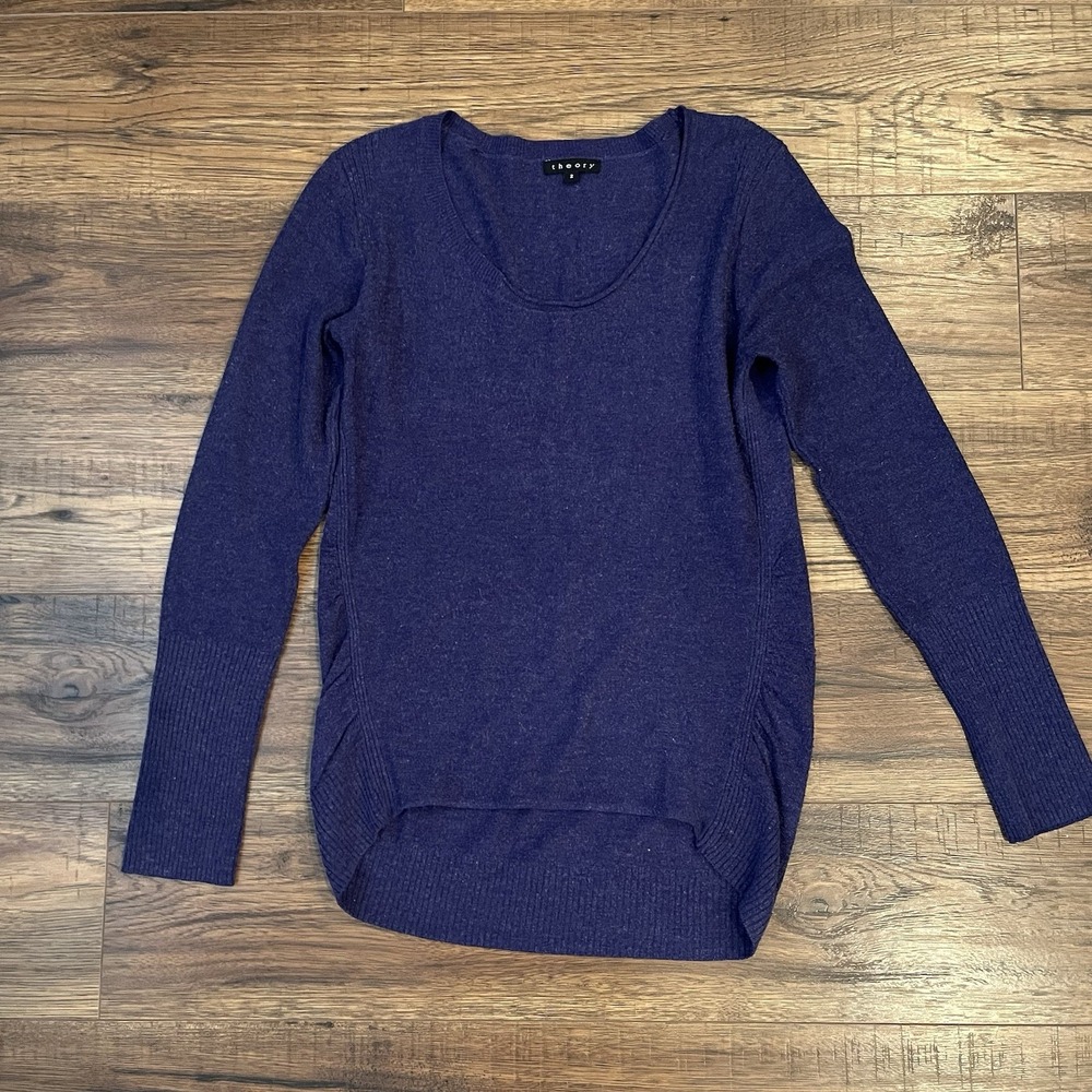 Theory Purple Sweater Womens 2 Ribbed Sleeve Scoop‎ Neck Ruched Sides Designer